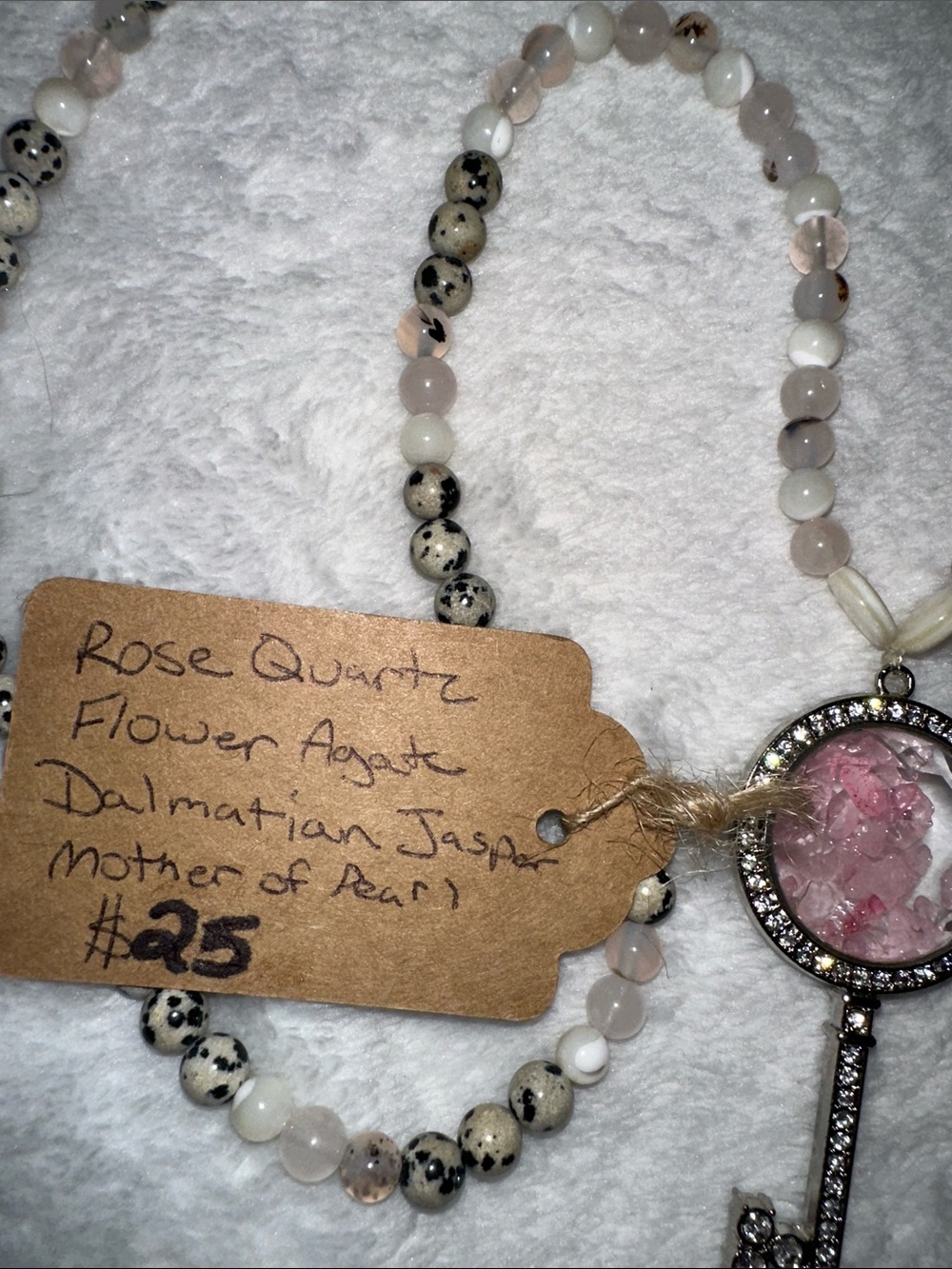 Pink Roses And Pearl Stretch Necklace (Rose Quartz, MOP, Flower Agate) - Picture 3 of 6